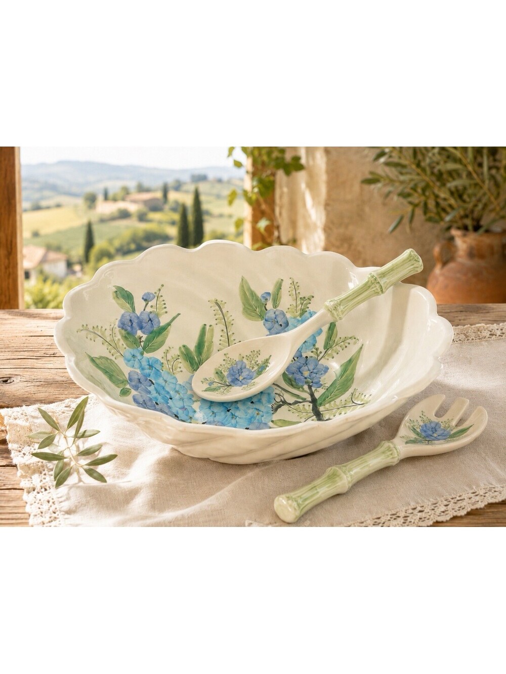 Italian 1980s Serving Bowl 2 Servers Morning Glory Hydrangea Ceramic, 13.5x10"